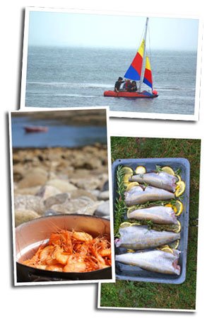Lanyon, Grandad and Dan fishing, fresh caught Scilly prawns and pollock